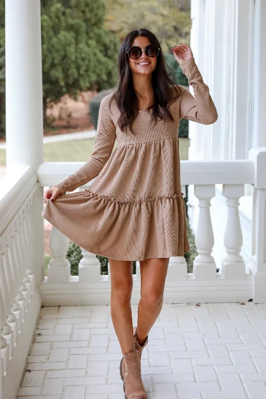 Mini dresses with tassel accents for a fun touch FINAL SALE - Adorable Promise Taupe Knit Babydoll Mini Dress