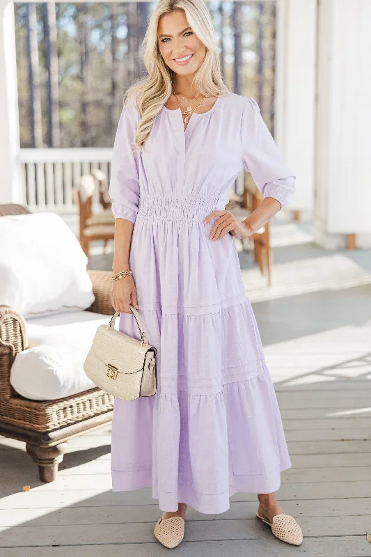 Midi dresses with V - necklines for a flattering and elongating effect It's In The Air Lavender Purple 3/4 Sleeve Midi Dress Midi dresses with V - necklines for a flattering and elongating effect It's In The Air Lavender Purple 3/4 Sleeve Midi Dress