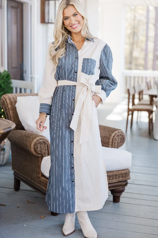 Midi dresses with button - front designs for a classic touch Just A Reminder Taupe Striped Midi Dress Midi dresses with button - front designs for a classic touch Just A Reminder Taupe Striped Midi Dress