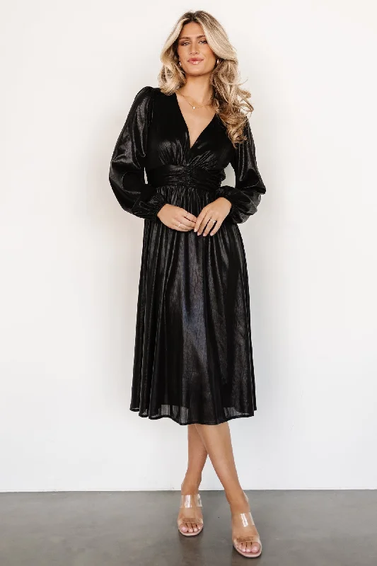Midi dresses with abstract art prints for an artistic statement Aisha Shimmer Dress | Black Midi dresses with abstract art prints for an artistic statement Aisha Shimmer Dress | Black