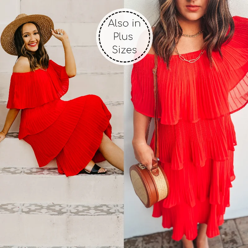 Midi dresses with embroidered accents for a unique and detailed design Last Chance Size Small & 2XL | Take My Hand Off the Shoulder Ruffle Tiered Dress in Red Midi dresses with embroidered accents for a unique and detailed design Last Chance Size Small & 2XL | Take My Hand Off the Shoulder Ruffle Tiered Dress in Red