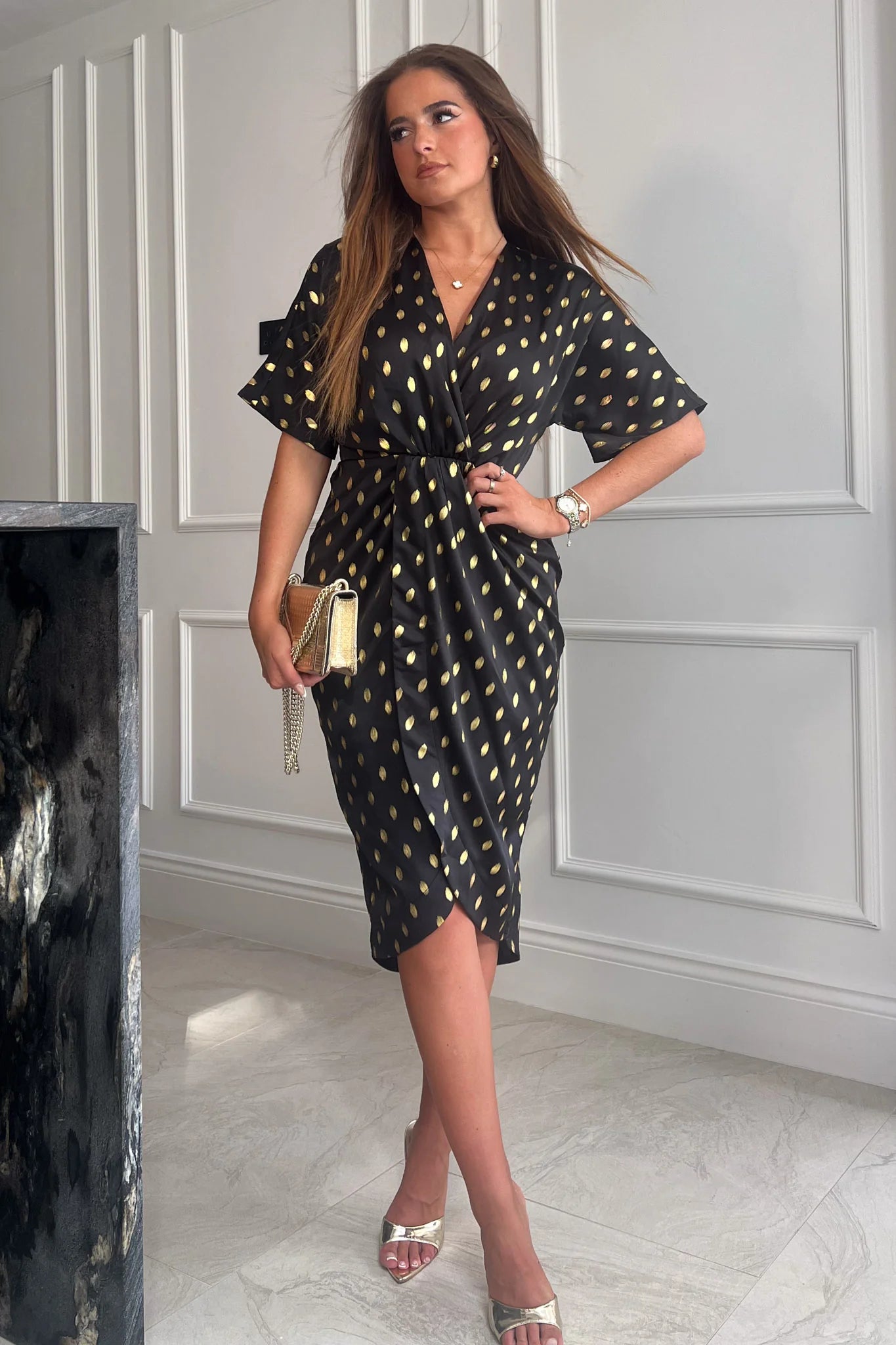 Midi dresses with off - the - shoulder necklines for a flirty look Jody Black and Gold Foil Printed Wrap Style Dress Midi dresses with off - the - shoulder necklines for a flirty look Jody Black and Gold Foil Printed Wrap Style Dress
