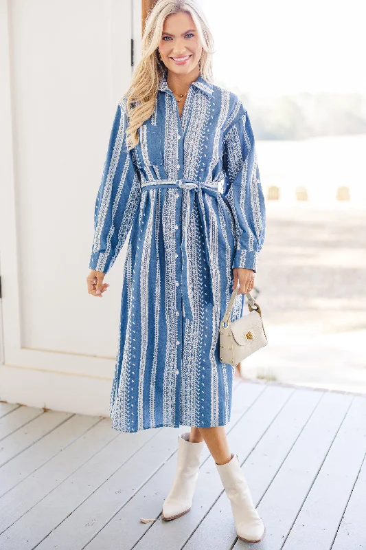 Midi dresses with wrap - around skirts for a customizable fit Feeling Confident Blue Embroidered Midi Dress Midi dresses with wrap - around skirts for a customizable fit Feeling Confident Blue Embroidered Midi Dress