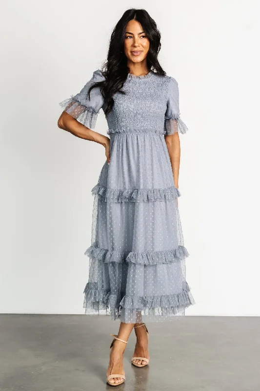 Plaid midi dresses for a fall - themed family gathering Lysandra Smocked Dot Dress | Dusty Slate Plaid midi dresses for a fall - themed family gathering Lysandra Smocked Dot Dress | Dusty Slate