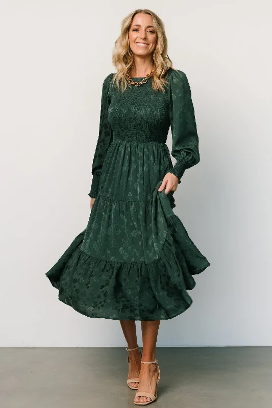 Midi dresses with asymmetric hems for a fashion - forward and dynamic appearance Stockholm Smocked Dress | Dark Green Midi dresses with asymmetric hems for a fashion - forward and dynamic appearance Stockholm Smocked Dress | Dark Green