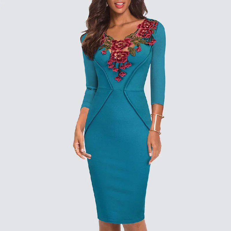 Midi dresses with pleated bodices for a classic and tailored look BerriesJam - 3/4 Sleeve Applique Slim Fitted Knee Length Pencil Dress Midi dresses with pleated bodices for a classic and tailored look BerriesJam - 3/4 Sleeve Applique Slim Fitted Knee Length Pencil Dress
