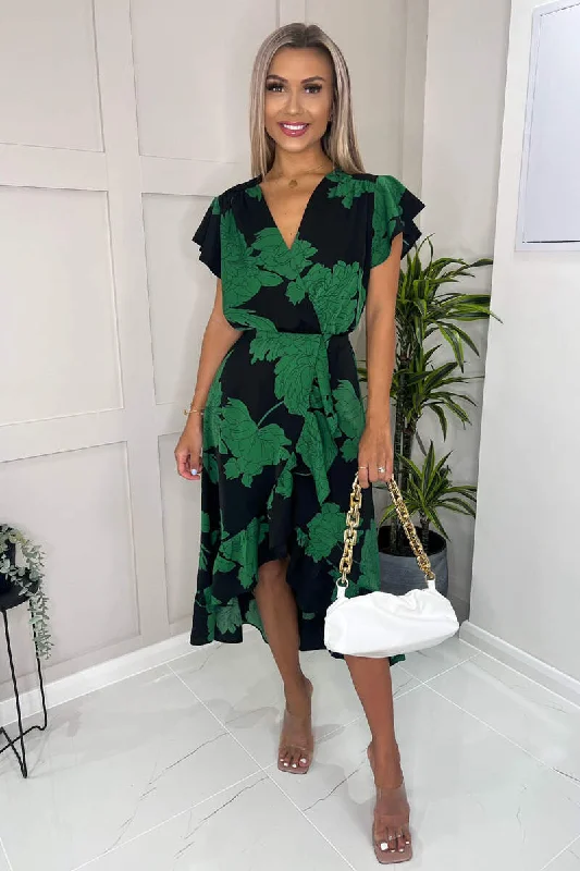 Midi dresses with sheer panels for a touch of allure Tina Black and Green Floral Print Wrap Midi Dress Midi dresses with sheer panels for a touch of allure Tina Black and Green Floral Print Wrap Midi Dress