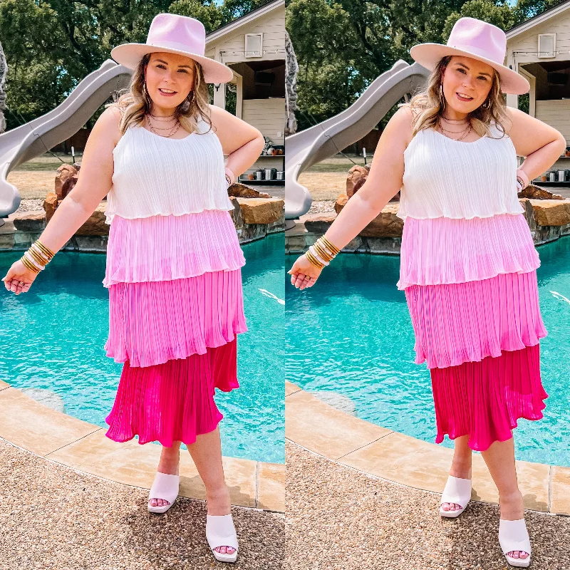 Maxi - inspired midi dresses with flowing fabrics for a beachy vibe Last Chance Size Small | Poppin' Prosecco Ruffle Tiered Color Fade Midi Dress in Pink Maxi - inspired midi dresses with flowing fabrics for a beachy vibe Last Chance Size Small | Poppin' Prosecco Ruffle Tiered Color Fade Midi Dress in Pink