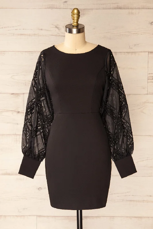 Mini dresses with pocket details for added functionality Nanterre | Short Black Dress w/ Lace Sleeves Mini dresses with pocket details for added functionality Nanterre | Short Black Dress w/ Lace Sleeves