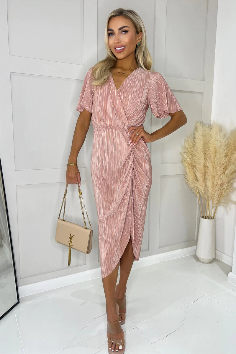 Midi dresses with abstract art prints for an artistic statement Thea Champagne Plisse Style Wrap Top Midi Dress Midi dresses with abstract art prints for an artistic statement Thea Champagne Plisse Style Wrap Top Midi Dress