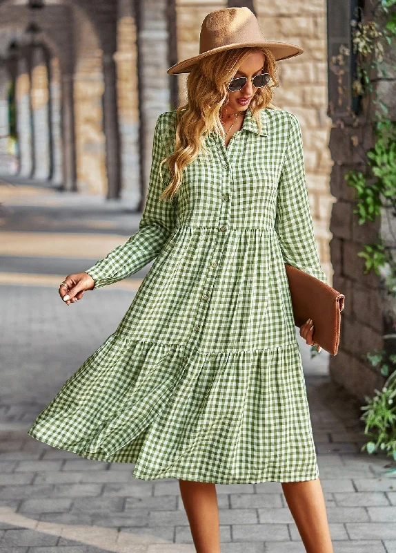 Midi dresses with denim fabric for a casual yet stylish day out FashionSierra - Plaid Print A-line Long Sleeve Shirt Dress Midi dresses with denim fabric for a casual yet stylish day out FashionSierra - Plaid Print A-line Long Sleeve Shirt Dress