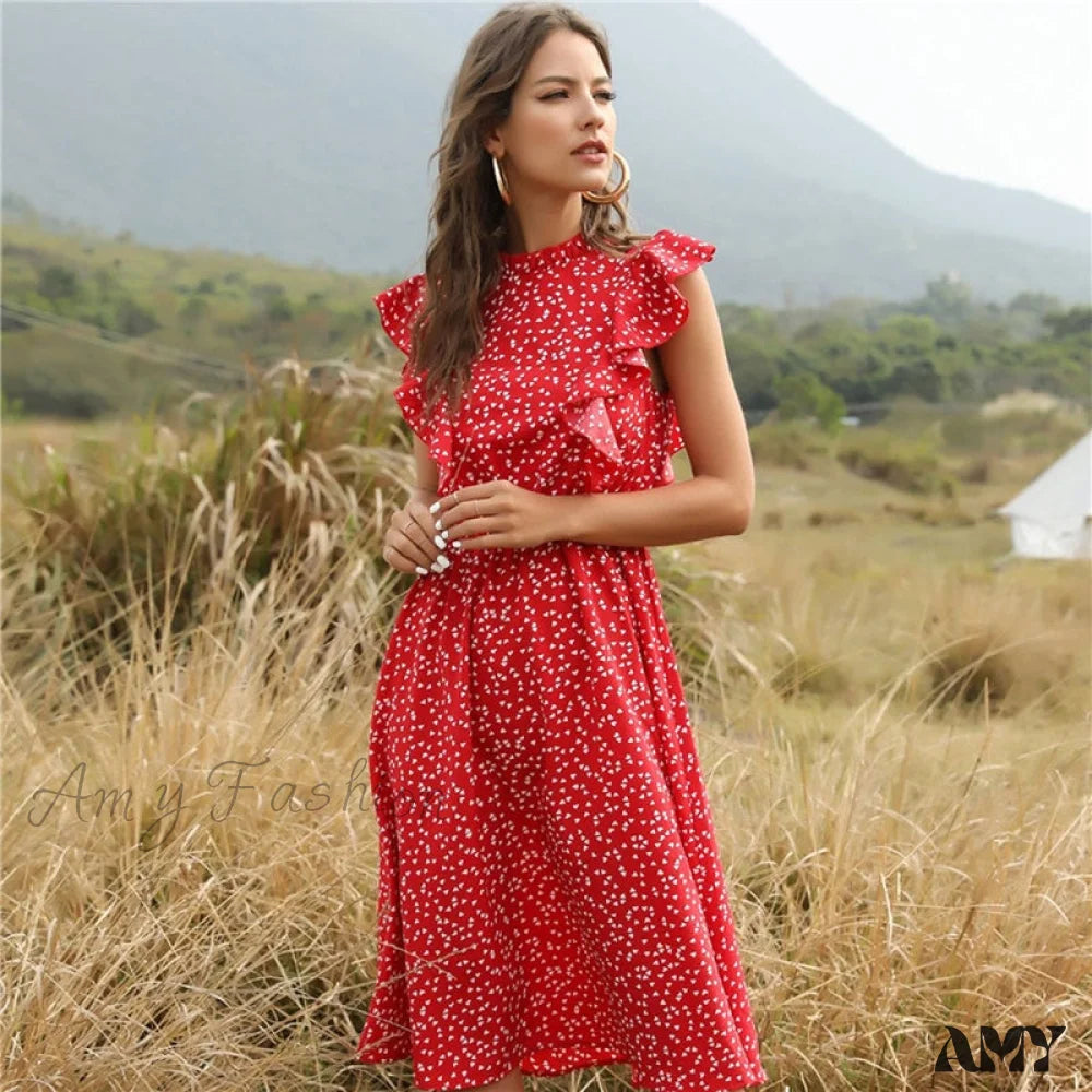 Midi dresses with geometric cutouts for a contemporary and edgy look Amy Fashion - Butterfly Sleeve Ruffles Medium Long Chiffon Dress Midi dresses with geometric cutouts for a contemporary and edgy look Amy Fashion - Butterfly Sleeve Ruffles Medium Long Chiffon Dress