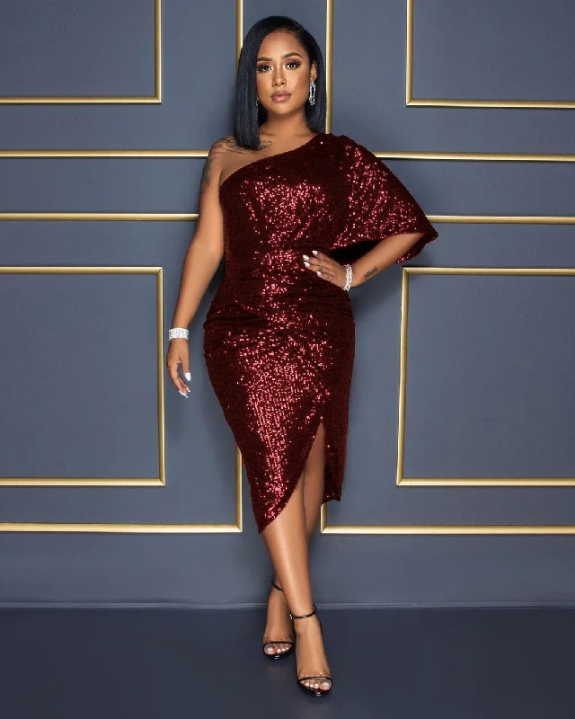 Sheath midi dresses with beaded embellishments for a formal occasion FashionSierra - Solid Sequins One Puff Sleeve Celebrity Party Midi Dress Sheath midi dresses with beaded embellishments for a formal occasion FashionSierra - Solid Sequins One Puff Sleeve Celebrity Party Midi Dress