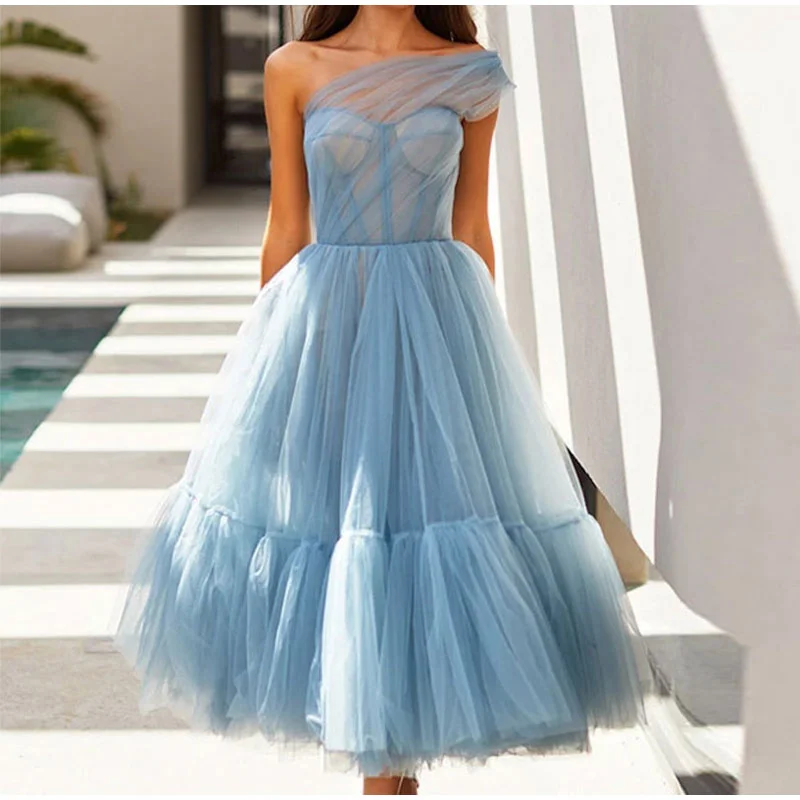 Midi dresses with ruffled hems for a romantic date night FashionSierra - One Shoulder Tulle Mesh Evening Party A-Line Tutu Dress Midi dresses with ruffled hems for a romantic date night FashionSierra - One Shoulder Tulle Mesh Evening Party A-Line Tutu Dress