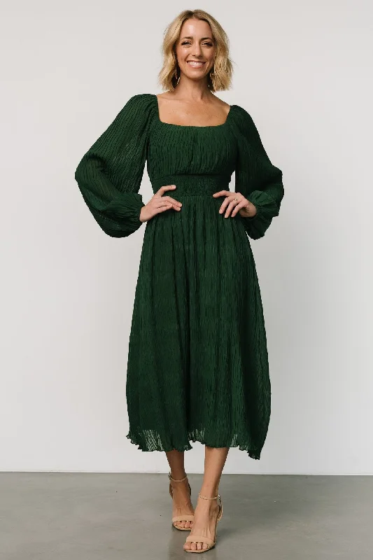 Midi dresses with cold - shoulder cutouts for a trendy style Dalton Pleated Midi Dress | Dark Green Midi dresses with cold - shoulder cutouts for a trendy style Dalton Pleated Midi Dress | Dark Green