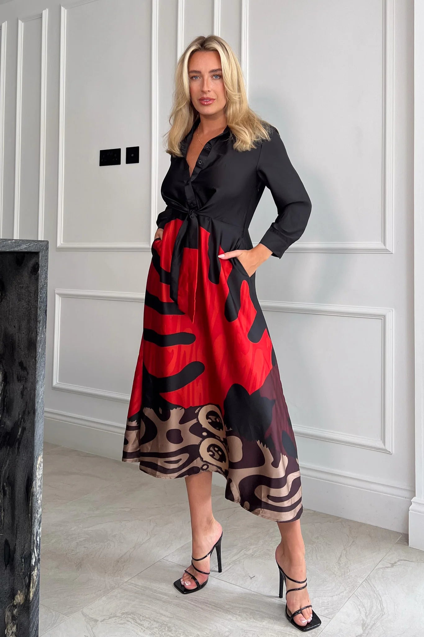 Midi dresses with cold - shoulder cutouts for a trendy style Izzie Red Leaf Tie Front Shirt Dress