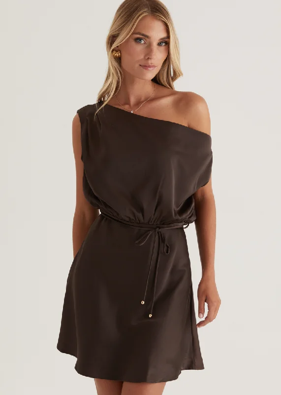 Plaid mini dresses for fall fashion Zeke One Shoulder Dress - Chocolate