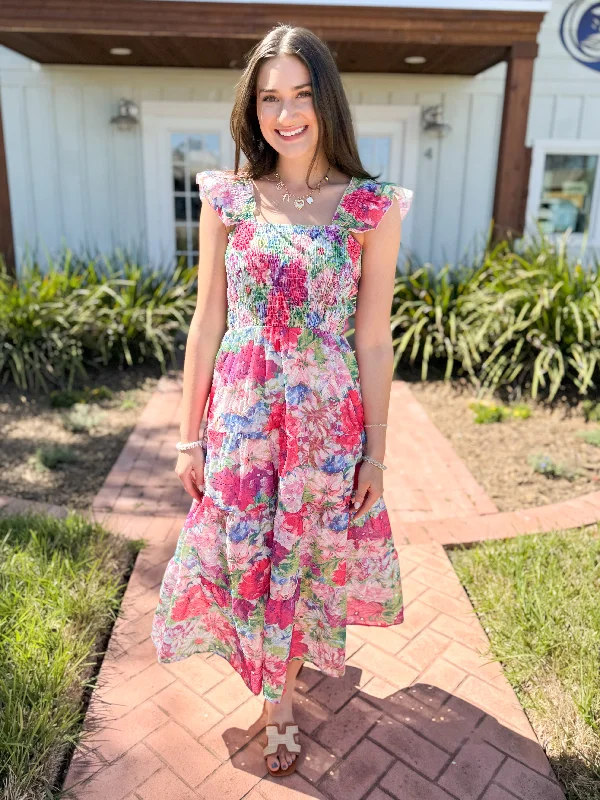 Midi dresses with animal prints for a bold and confident appearance The Clara Floral Smocked Midi Dress-Pink Midi dresses with animal prints for a bold and confident appearance The Clara Floral Smocked Midi Dress-Pink