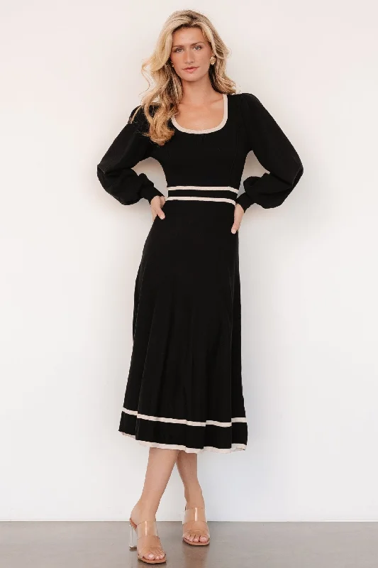 Midi dresses with asymmetric hems for a fashion - forward and dynamic appearance Winslet Knit Dress | Black + Cream Midi dresses with asymmetric hems for a fashion - forward and dynamic appearance Winslet Knit Dress | Black + Cream