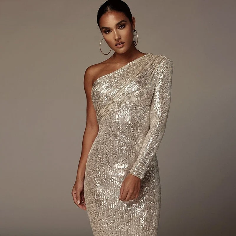 Midi dresses with empire waists for a flattering maternity option BerriesJam - Christmas One Shoulder Sparkle Glitzy Sequins Dress Midi dresses with empire waists for a flattering maternity option BerriesJam - Christmas One Shoulder Sparkle Glitzy Sequins Dress