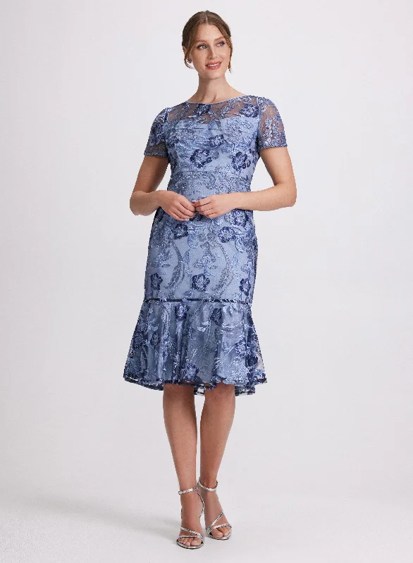 Mini dresses with pom - pom trims for a playful feel Floral Embroidered Dress