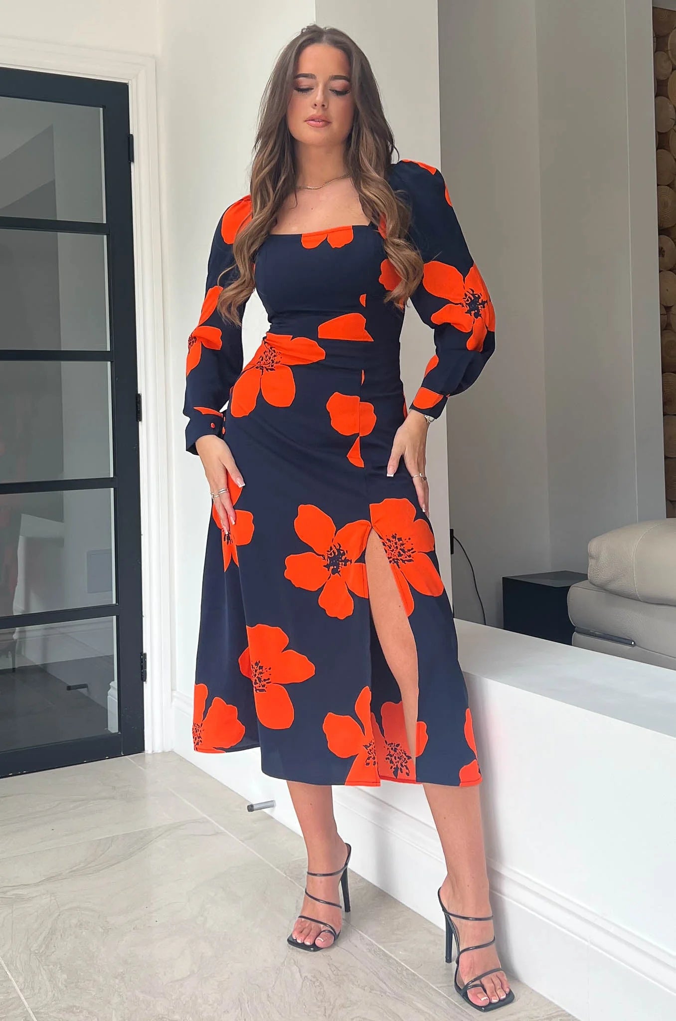 Midi dresses with metallic threads for a glamorous evening event Breanna Navy & Orange Floral Square Neck Midi Dress Midi dresses with metallic threads for a glamorous evening event Breanna Navy & Orange Floral Square Neck Midi Dress