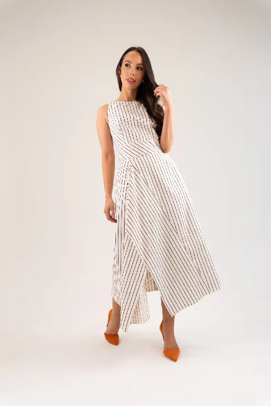 Midi dresses with polka dot prints for a playful summer outfit Kayla Asymmetric Pinstripe Dress In Cream Midi dresses with polka dot prints for a playful summer outfit Kayla Asymmetric Pinstripe Dress In Cream