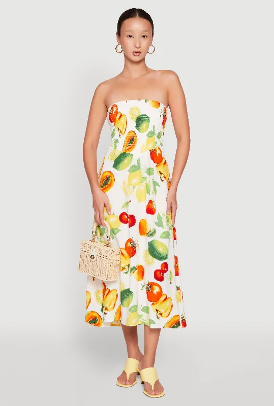 Midi dresses with asymmetric hems for a fashion - forward and dynamic appearance Almost Famous Assorted Fruit Smocked Dress Midi dresses with asymmetric hems for a fashion - forward and dynamic appearance Almost Famous Assorted Fruit Smocked Dress