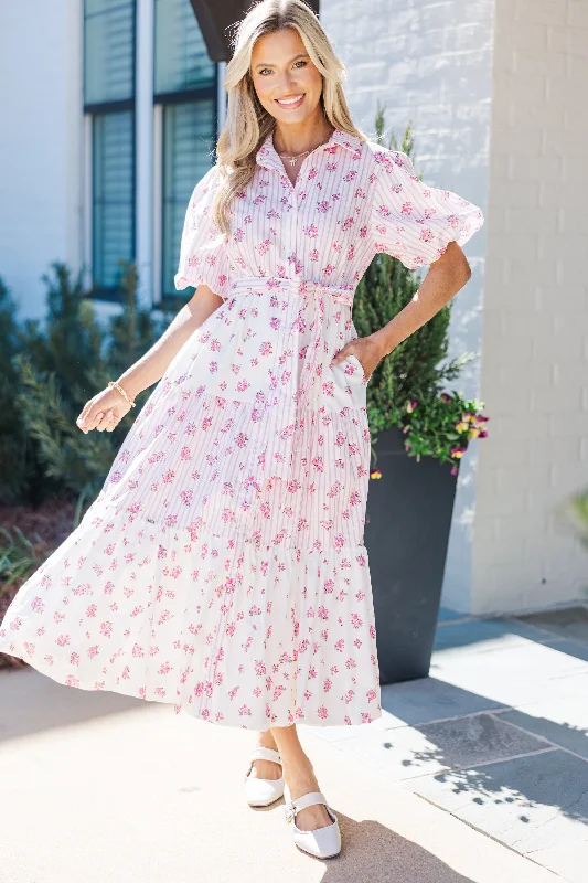 High - low midi dresses with geometric patterns for a modern party The Only One Pink Striped Midi Dress High - low midi dresses with geometric patterns for a modern party The Only One Pink Striped Midi Dress