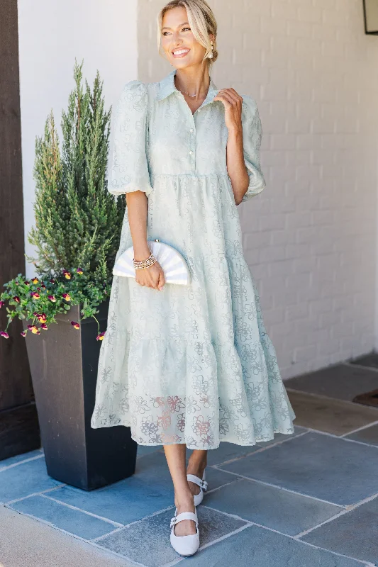 Midi dresses with denim fabric for a casual yet stylish day out Love Found Sage Green Floral Tiered Midi Dress Midi dresses with denim fabric for a casual yet stylish day out Love Found Sage Green Floral Tiered Midi Dress