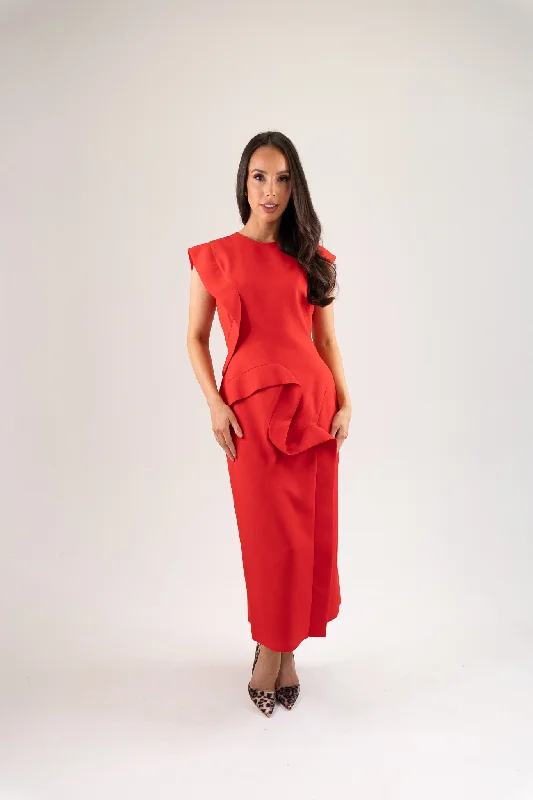 A - line midi dresses with floral prints for spring brunches Kayla Zig Zag Ruffle Dress In Red A - line midi dresses with floral prints for spring brunches Kayla Zig Zag Ruffle Dress In Red