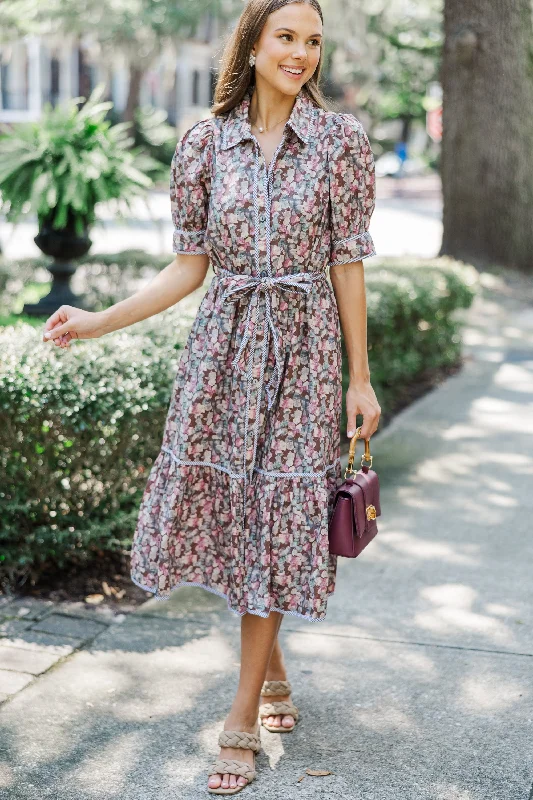 Midi dresses with tassel accents for a bohemian and free - spirited style Be With Me Brown Ditsy Floral Midi Dress Midi dresses with tassel accents for a bohemian and free - spirited style Be With Me Brown Ditsy Floral Midi Dress