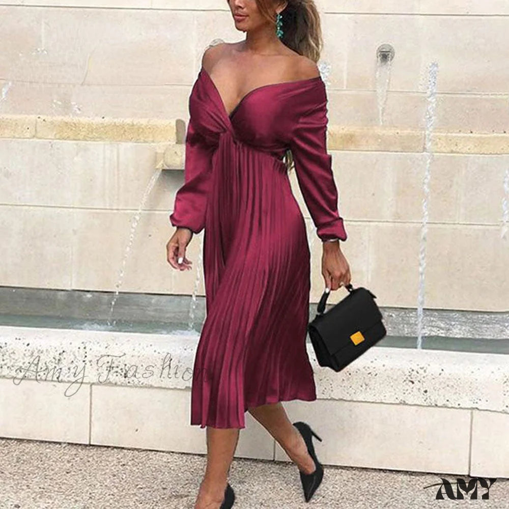Midi dresses with off - the - shoulder necklines for a flirty look Amy Fashion - Elegant Off Shoulder V Neck Satin Pleated Midi Dress Midi dresses with off - the - shoulder necklines for a flirty look Amy Fashion - Elegant Off Shoulder V Neck Satin Pleated Midi Dress