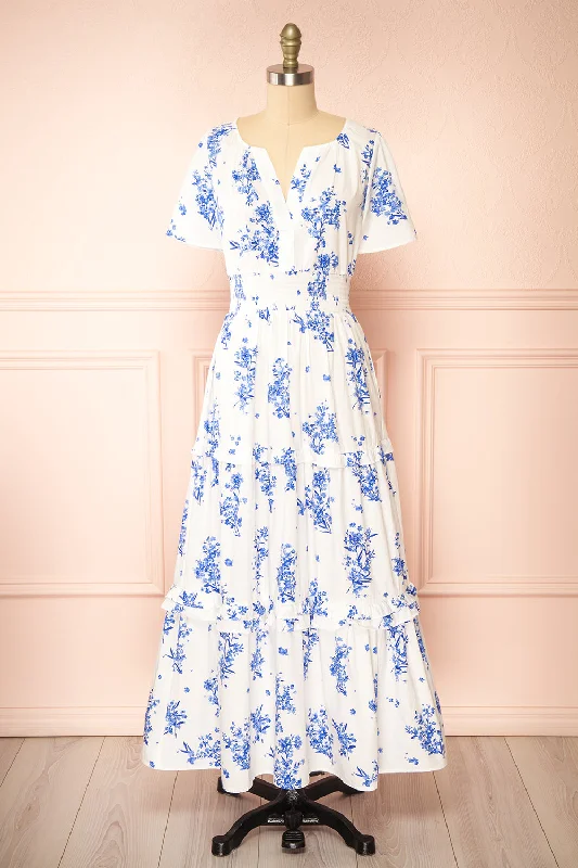 Mini dresses with wrap - around styles Claudia | White Maxi Dress w/ Blue Floral Pattern