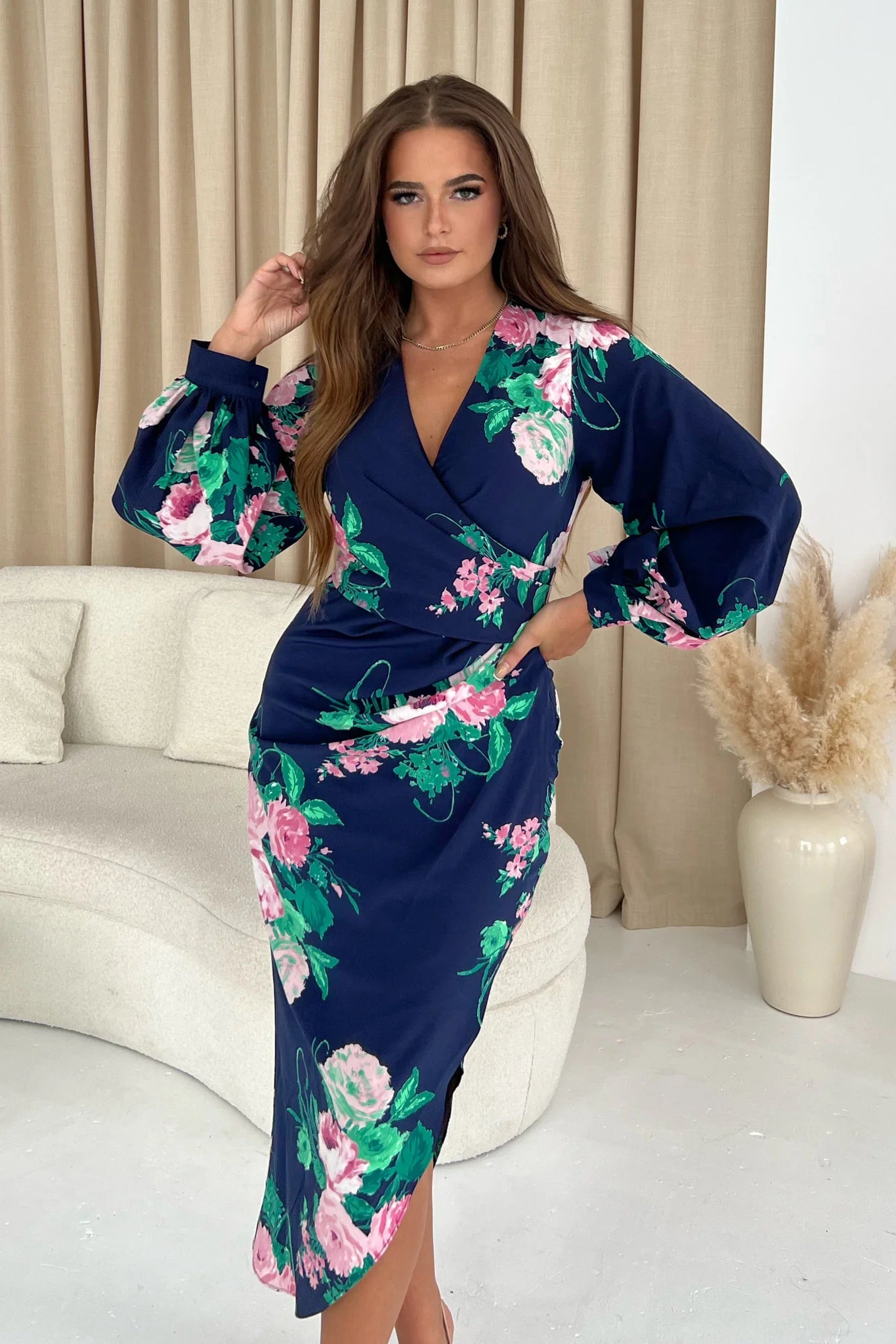 Midi dresses with ruched sleeves for a more fitted and stylish arm look Alexa Navy Pink Floral Asymmetric Long Sleeve Dress Midi dresses with ruched sleeves for a more fitted and stylish arm look Alexa Navy Pink Floral Asymmetric Long Sleeve Dress