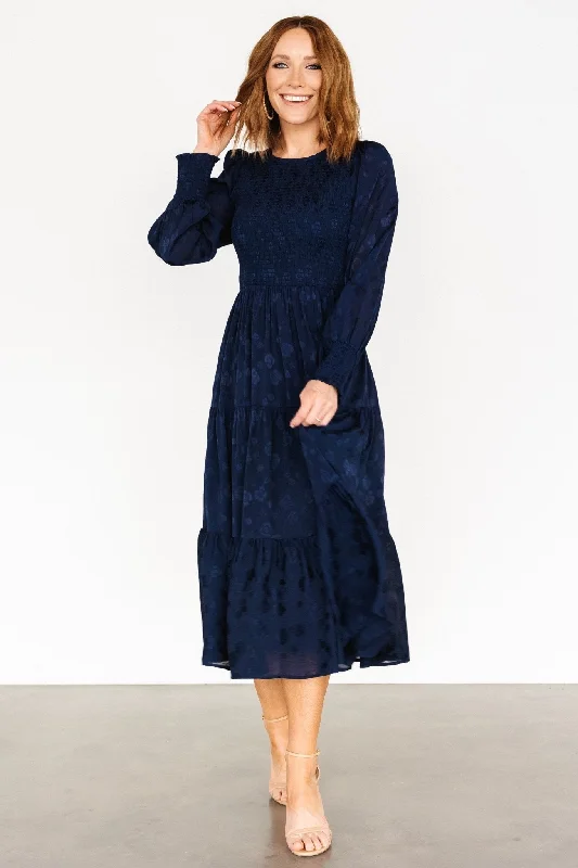 Midi dresses with sheer panels for a touch of allure Stockholm Smocked Dress | Midnight Blue Midi dresses with sheer panels for a touch of allure Stockholm Smocked Dress | Midnight Blue