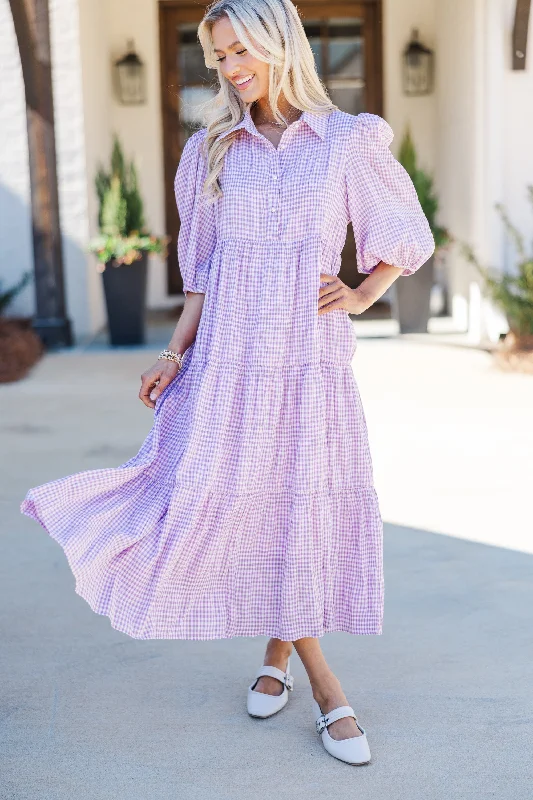 Midi dresses with puff sleeves for a vintage - inspired look Love Found Purple Gingham Tiered Midi Dress Midi dresses with puff sleeves for a vintage - inspired look Love Found Purple Gingham Tiered Midi Dress