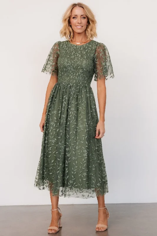 Midi dresses with asymmetric hems for a fashion - forward and dynamic appearance Kendra Embroidered Dress | Dark Sage Midi dresses with asymmetric hems for a fashion - forward and dynamic appearance Kendra Embroidered Dress | Dark Sage