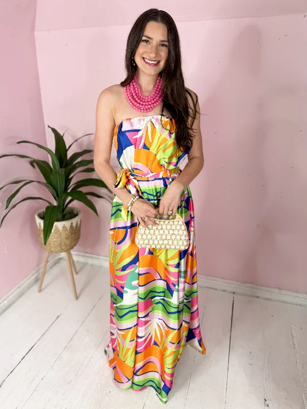 Midi dresses with lace - up fronts for a unique and adjustable style The Sandee Strapless Midi Dress-Multi Color Midi dresses with lace - up fronts for a unique and adjustable style The Sandee Strapless Midi Dress-Multi Color