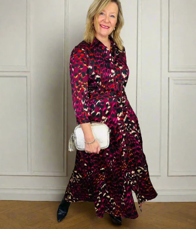 Midi dresses with one - shoulder designs for a modern and asymmetric style Burgundy Ava Peacock Print Satin Shirt Dress Midi dresses with one - shoulder designs for a modern and asymmetric style Burgundy Ava Peacock Print Satin Shirt Dress