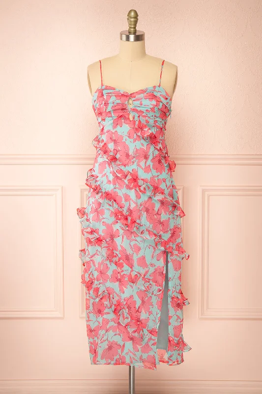 Mini dresses with ruched bodices for a feminine touch Orleana | Midi Floral Dress w/ Rows of Ruffles Mini dresses with ruched bodices for a feminine touch Orleana | Midi Floral Dress w/ Rows of Ruffles