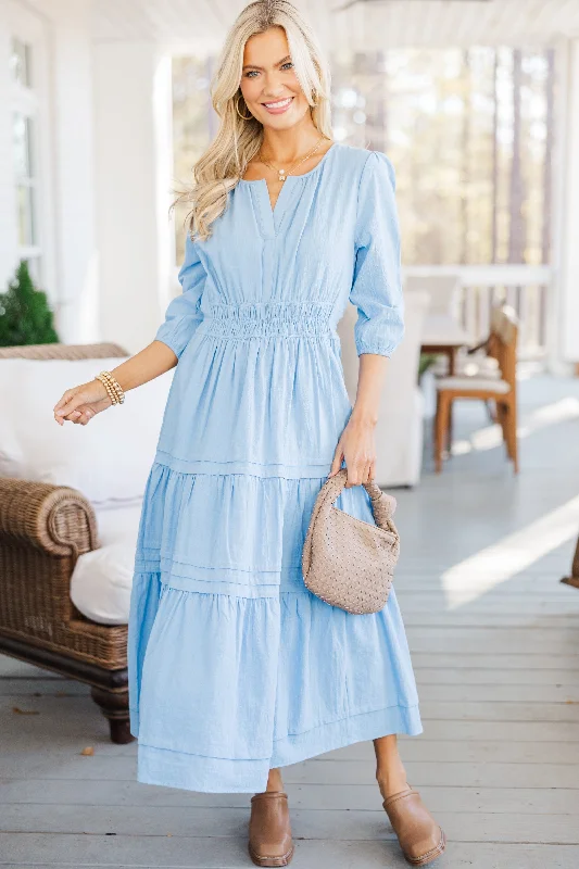 Midi dresses with ruched bodices for a feminine and fitted feel It's In The Air Light Blue 3/4 Sleeve Midi Dress Midi dresses with ruched bodices for a feminine and fitted feel It's In The Air Light Blue 3/4 Sleeve Midi Dress