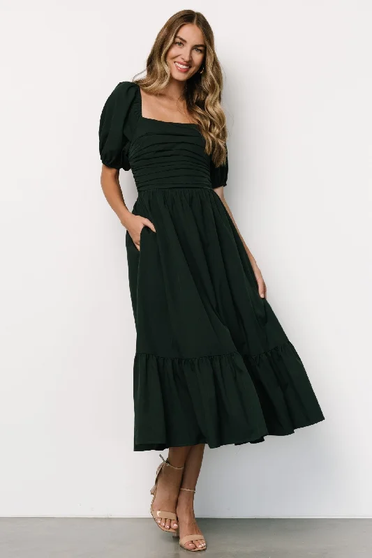 Midi dresses with V - necklines for a flattering and elongating effect Andrea Pleated Midi Dress | Forest Green Midi dresses with V - necklines for a flattering and elongating effect Andrea Pleated Midi Dress | Forest Green