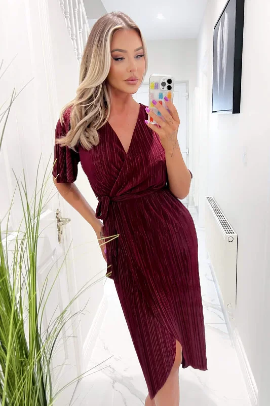 Sleeveless midi dresses with lace details for summer weddings Trixie Wine Wrap Style Belted Midi Dress
