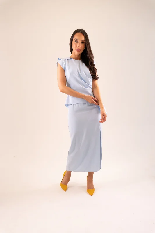 Midi dresses with belted waists to accentuate the figure Kayla Drape Detail Dress In Powder Blue Midi dresses with belted waists to accentuate the figure Kayla Drape Detail Dress In Powder Blue