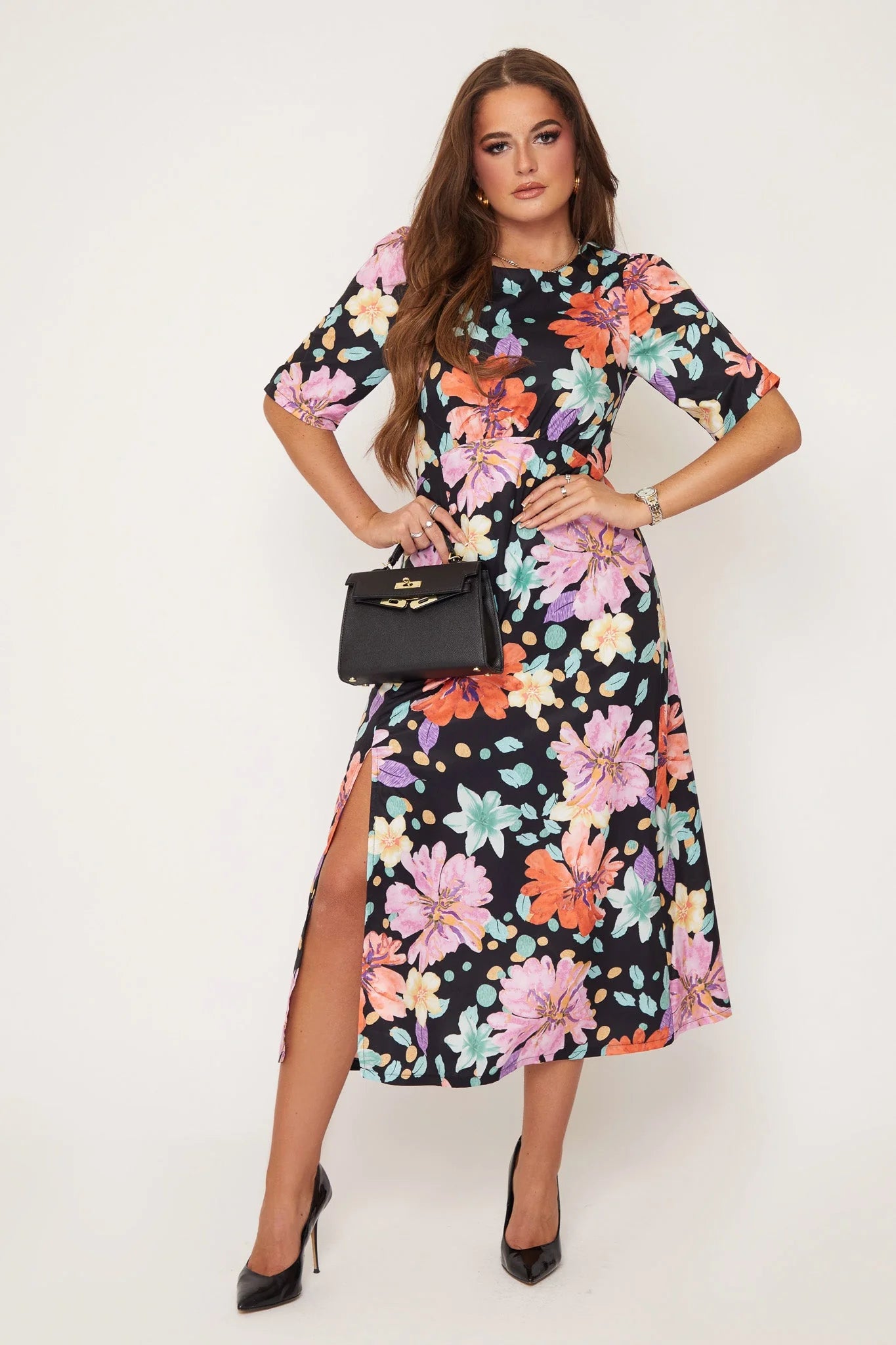 Midi dresses with mesh inserts for a trendy and breathable option Pollie Polka Dot Floral Print Midi Dress Midi dresses with mesh inserts for a trendy and breathable option Pollie Polka Dot Floral Print Midi Dress
