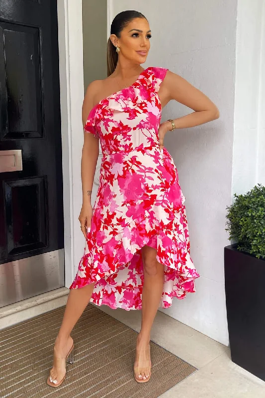 Wrap - style midi dresses in silk for a sophisticated office look Annie Pink Floral One Shoulder Dipped Hem Dress Wrap - style midi dresses in silk for a sophisticated office look Annie Pink Floral One Shoulder Dipped Hem Dress