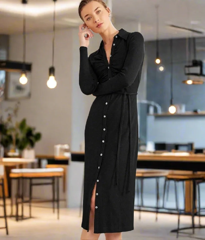 A - line midi dresses with floral prints for spring brunches Black Buttoned Ribbed Midi Shirt Dress A - line midi dresses with floral prints for spring brunches Black Buttoned Ribbed Midi Shirt Dress