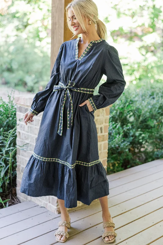 Midi dresses with patchwork patterns for a one - of - a - kind style Take The Day Navy Blue Embroidered Midi Dress Midi dresses with patchwork patterns for a one - of - a - kind style Take The Day Navy Blue Embroidered Midi Dress