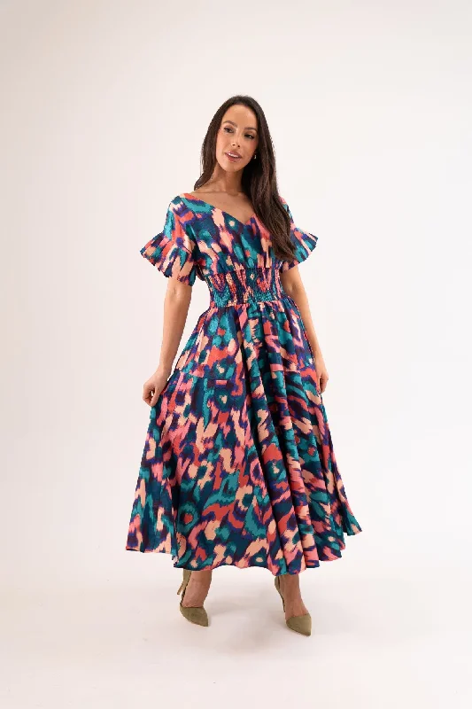 Midi dresses with mesh inserts for a trendy and breathable option Becca Pleat Sleeve Dress In Blue Multi Midi dresses with mesh inserts for a trendy and breathable option Becca Pleat Sleeve Dress In Blue Multi